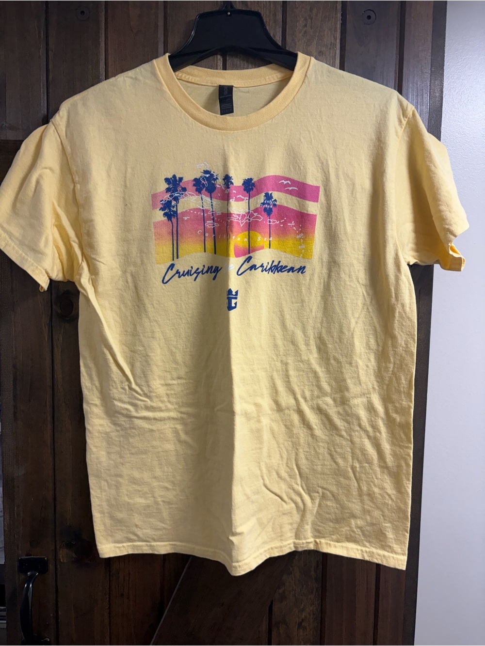 NWOT Gildan Yellow 'Cruising Caribbean' Graphic Tee with Pink & Blue Sunset